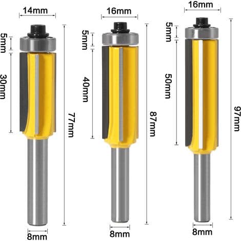 8 mm skaft träfräsbit med 4 blad, 3-delat fräsbitsset för efterbehandling