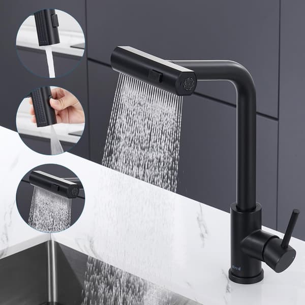 Black Kitchen Faucet with Waterfall, Kitchen Faucet with Pull-Out Spray 3 Modes, Retractable 360° Rotating Stainless Steel