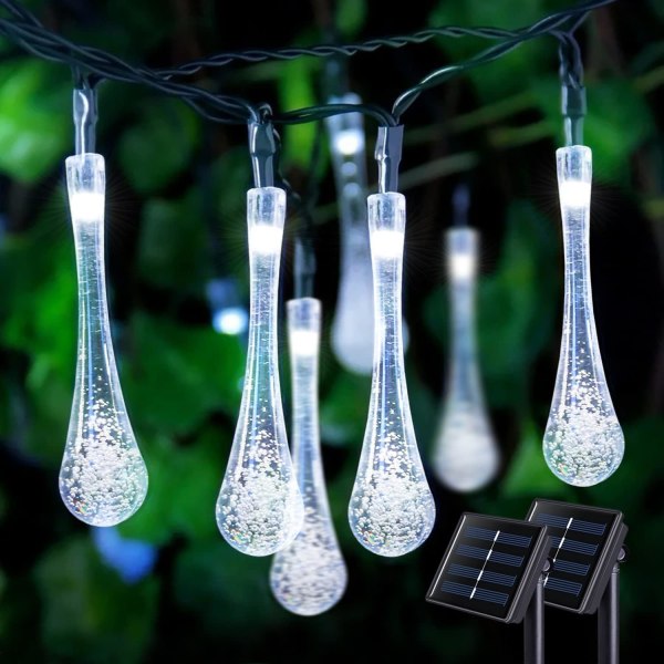 2 pakke Solar Water Drop String Lights, Total 42,6FT 60 LED Solar Powered String Lights Outdoor Waterproof, 8 Modes White
