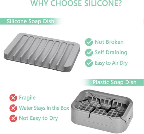 2-pack Silicone Soap Dish Holder, Grey Soap Saver Drain for Shower Bathroom Kitchen Sinks, Easy Cleaning (Grey)