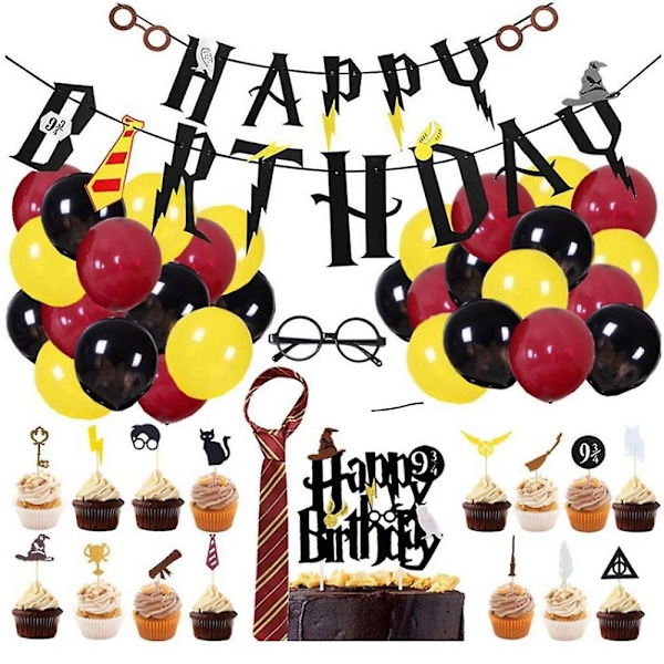 49 osaa/setti Harry Potter -teemainen syntymäpäiväjuhlatarvikkeet, ilmapallosetti, solmio, silmälasikehykset, lippu, lippuköynnös, kakun koriste
