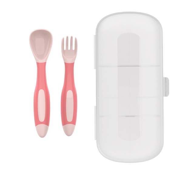 Fleksibel silikoneske og gaffel med babytrænerboks (pink)
