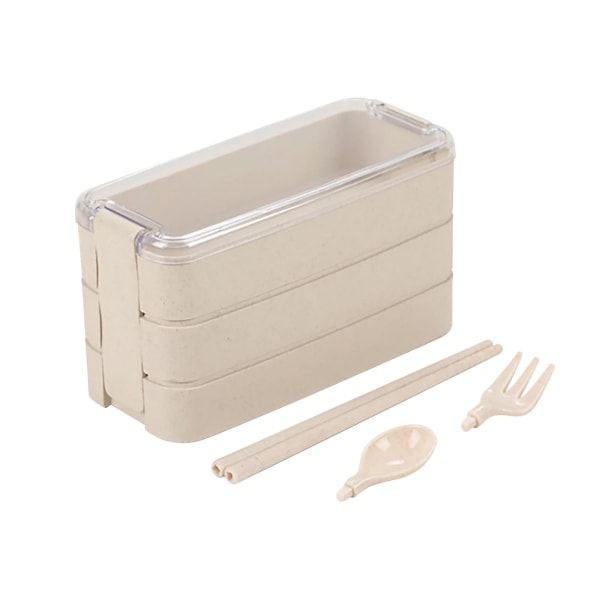 Stackbar Bentolåda, Lunchlåda-set med Sked & Gaffel, 3-i-1 Fack, Vetehalm Matlåda Beige