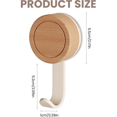Bathroom Suction Cup Hook, 4 Wooden Self-Adhesive Wall Hooks, Reusable Self-Adhesive Wall Hooks, Ceiling Hook - White