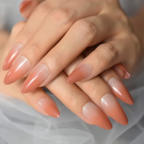 Korallfärgade lösnaglar, medellånga, tryck-på-naglar, ombre glansiga helfärgade falska nageltippar mandelformade 24 st nude gel akryl nagelset
