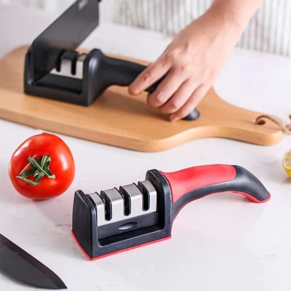 Three-in-one manual knife sharpener for the home kitchen.