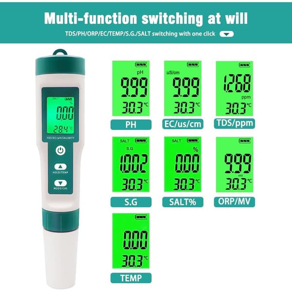 7-in-1 TDS/EC/Salinity/ORP/SG/Temperature/pH Tester, with Backlit pH Meter, High Precision, Suitable for Drinking Water Pools and