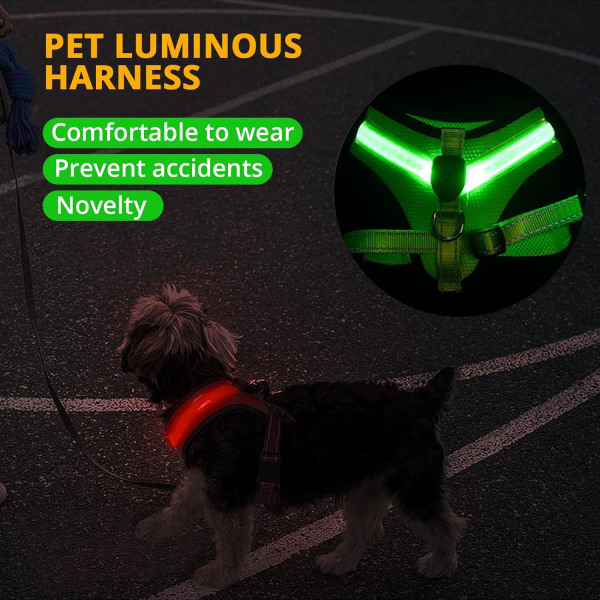 LED Hunde Sele, USB Genopladelig Hunde Vest Lysende + Reflekterende Design, Justerbar Hunde Sikkerhedssele med Halsbånd