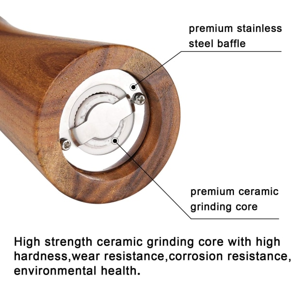Salt- och set i trä - 8 tums påfyllningsbara salt- och pepparskakare med justerbar keramik/rostfritt stål R