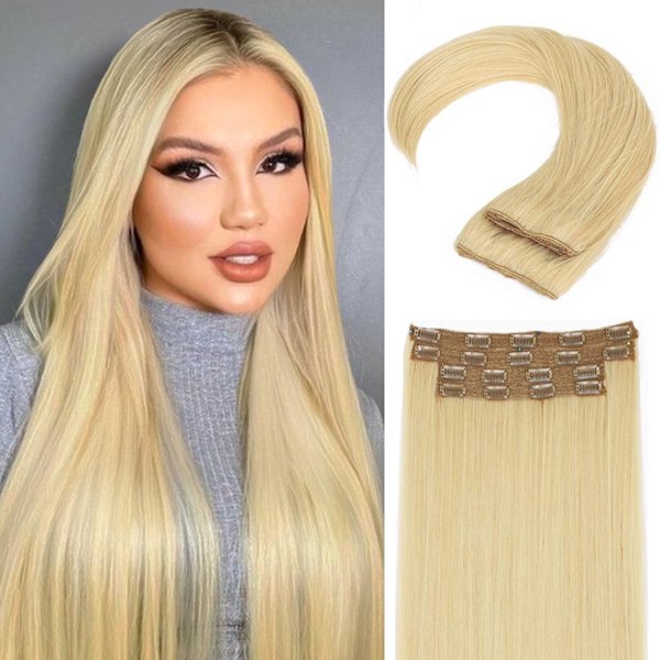 Rett Hårextensions Clip in Lange Syntetiske Hårextensions 20 tommer Tykke Hårdeler for Kvinner (20 tommer, ST-Blond Miks Beige)