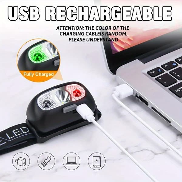 USB Rechargeable LED Headlamp with Motion Sensor - Adjustable, Matte ABS Portable Lamp for Camping, Hiking & Running Head Lamp 1pc Head Lamp 1pc