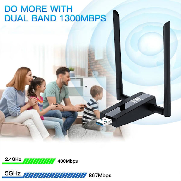 1300 Mbps Trådløst Nettverkskort Driverfri Adapter Wifi Dobbelbånd 2.4g/5ghz Antenneforlengelse Svart