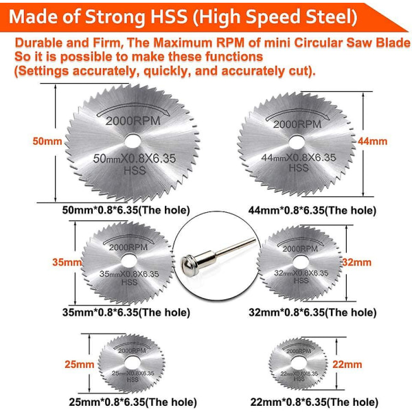 7 stk HSS roterende verktøy sagblad, sirkelsagblad skiver, (tre skjæringsskive) for roterende verktøy chuck med 1/8\" forlengelsesskaft av