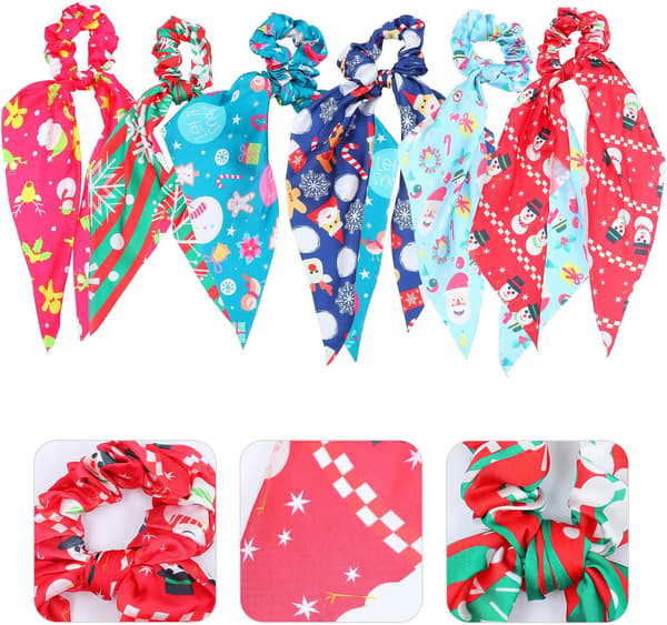 6 stk. julebånd Scrunchie med lang hale, elastiske hårstrikker, hestehaleholdere, hårscrunchie, strikk til julefest