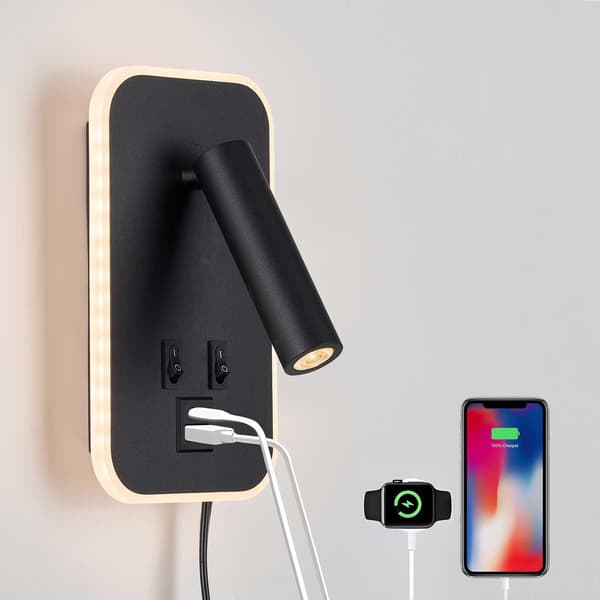 Hodegjerde leselampe, sengelampe plug-in fast tilkoblet 2-i-1 vegglampe, sengelamper USB C+A-porter, justerbare hodegjerdelamper for soverom