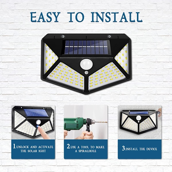 Solcellsdrivna Utomhuslampor 3 Lägen/100LED Solcellsbelysning Rörelsesensorlampor Trådlös Trädgård, Garage, Däck