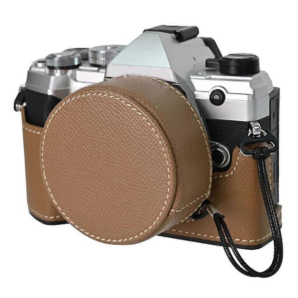 For Olympus OM-5 Camera Case Half-Enclosed Leather Bottom with Lens Cover - Khaki