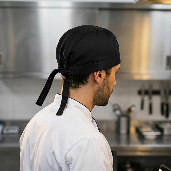 Sort kokkehue med bindebånd til mænd og kvinder i catering