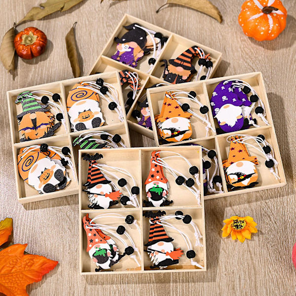 Halloween-ripustuskoristeet, 12 kpl/laatikko, puinen kurpitsa, luuta, tonttu, D