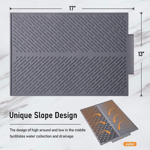 Grey 17 * 13 inch, Silicone Dish Drying Mat with Drainage