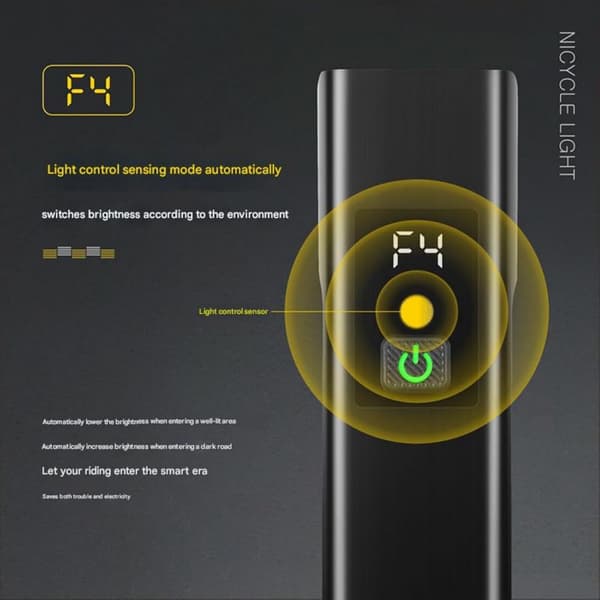 1800LM Bicycle Light with Smart Sensor - USB Rechargeable LED Headlight, Digital Display, 5 Modes, Waterproof for Road & MTB