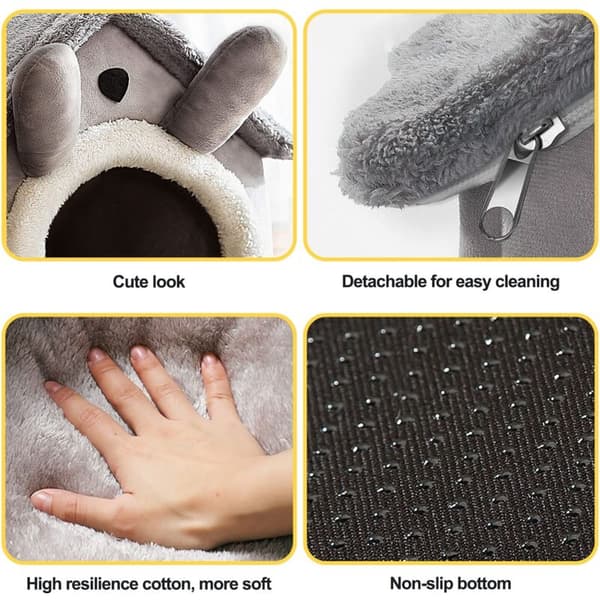Cat Cave, Washable, Warm Plush Igloo, Foldable Comfortable Cat House, Dog Bed with Non-Slip Bottom (S, Grey Cat)