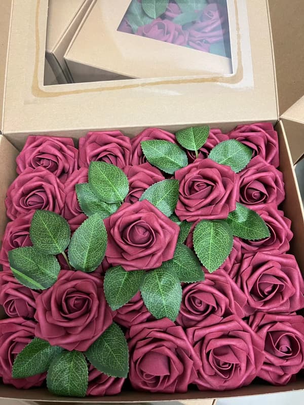 Burgundy Artificial Rose, 25 Pcs Gift Box with 8CM Artificial