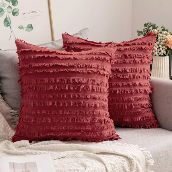 2 stk. Dekorative Boho Putesett Lin Stripe Jacquard Mønster Putesett for Sofa Stue Soverom Rød