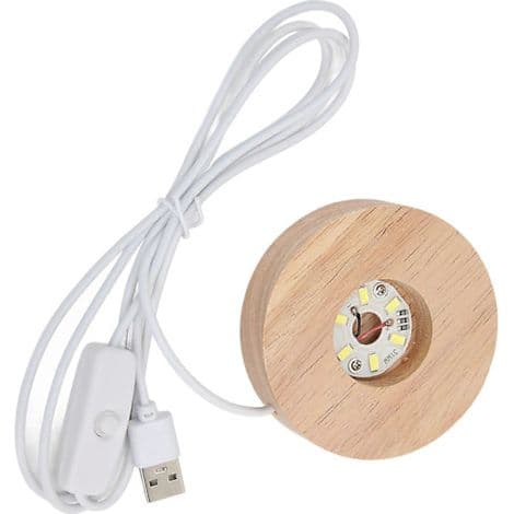 Round Oak LED Light Base, USB Interface, 2cm Thick, Bright Decorative Lamp for Home, 5V, White Light.