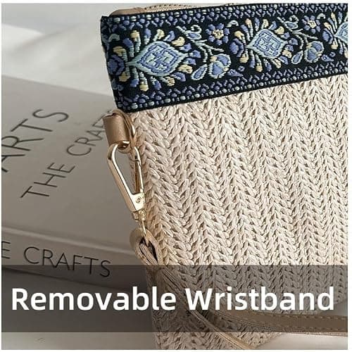 Stråkopplingar för kvinnor, bohemiska handledsplånböcker sommarvävda stråväskor avslappnad handväska - blå-beige Blue-beige Blue-beige