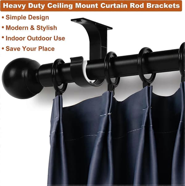 Ceiling Brackets for Curtain Rods, Heavy Duty Curtain Rod Holders Black Ceiling Brackets for 28mm Rod, Window Hardware Ceiling, 2-Pack [DB]