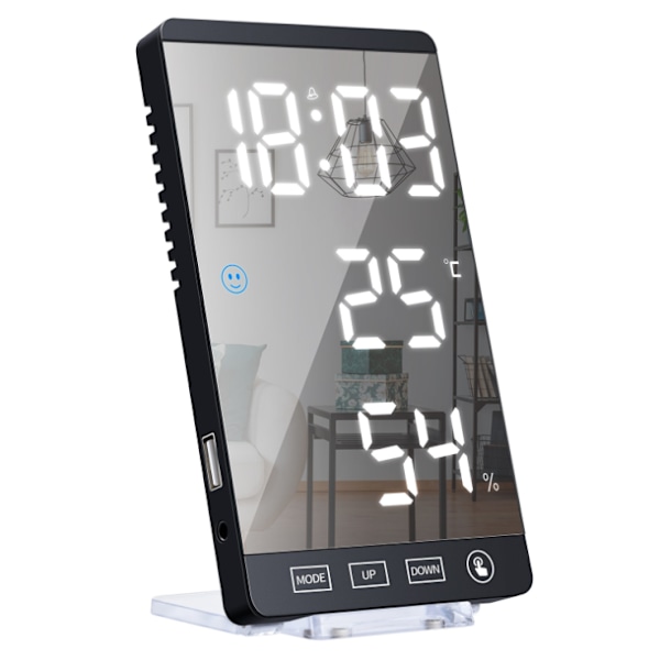 LED-spegelklocka, Termometer och Hygrometer, Elektronisk Väderklocka, Väckarklocka, Fet Röda Bokstäver