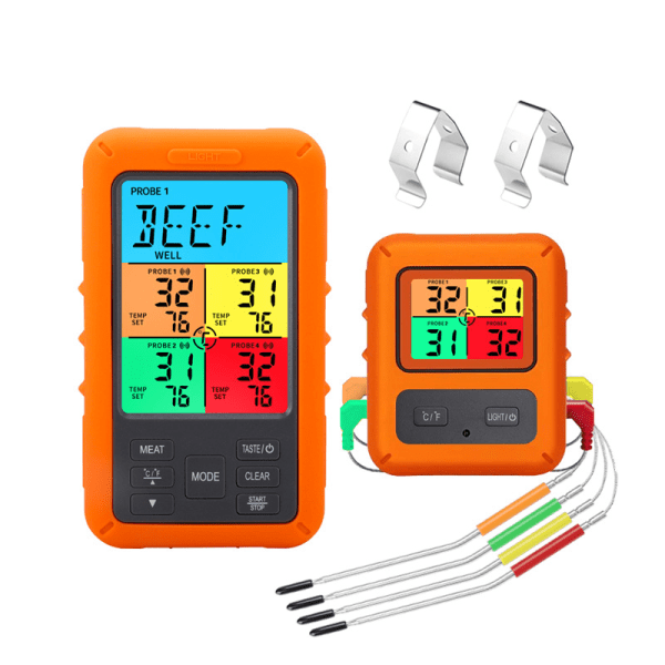 Digitalt kjøkkentermometer, steketermometer med 4 prober, BBQ-termometer med øyeblikkelig avlest LCD-skjerm, temperatursonde，