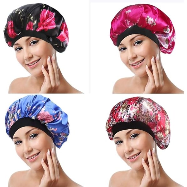 4 Pack Soft Satin Sleeping Cap Leveä Band Salon Bonnet Silkki Night Sleep Hat Hiustenlähtö Cap naisille, 4 tyyliä