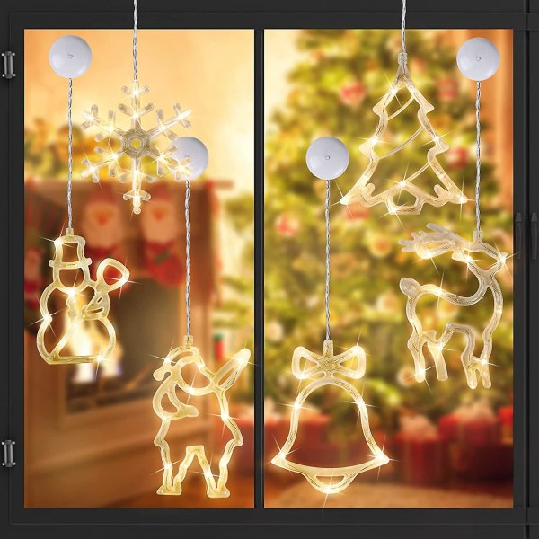 Julelys, 6 stykker Led-lys med sugekopper, Vinduslys, Led-gardinlys til julepynt, Vindusdekorasjon, Batt