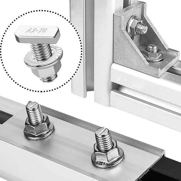 T-slot bolts, sliding hammer head, for track systems, steel with threaded nuts, adjustable fastener for rack mounting projects