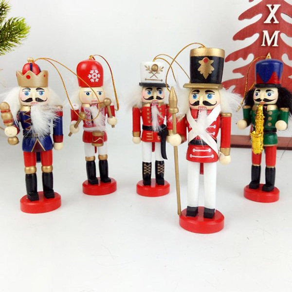 Pakke med 5 12cm Tre Nøtteknekker Dukke Tegning Valnøtt Soldat Henger Pynt Juletre Ornamenter