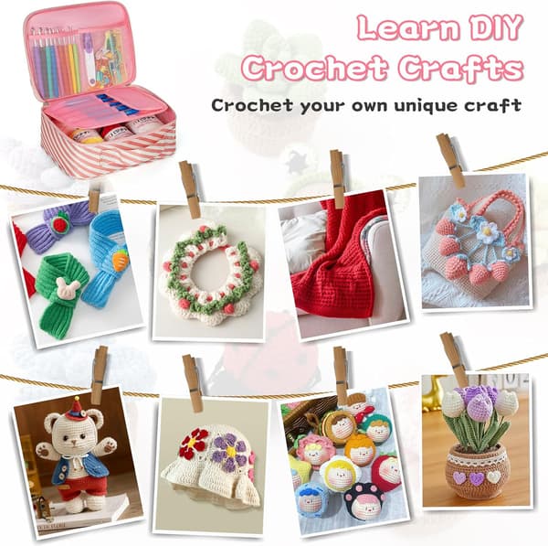 Complete Crochet Starter Kit for Beginners, Adults, and Children with Yarn Needles and Tools, Portable Set for Various Crochet Projects, Pink