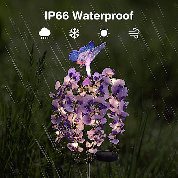 Wisteria-kukkaköynnöksen perhonen aurinkovalot - Moniväriset vaihtuvat LED-valot puutarhaan, terassille, pihalle ja polulle (violetti)