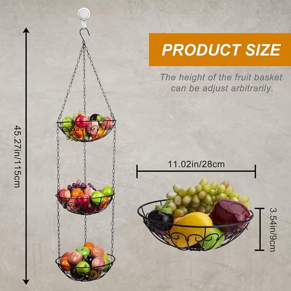 3-Tier Hanging Fruit Basket, Metal Vegetable Baskets Round Fruit Basket Storage Rack for Fruit Vegetable Bread, Black