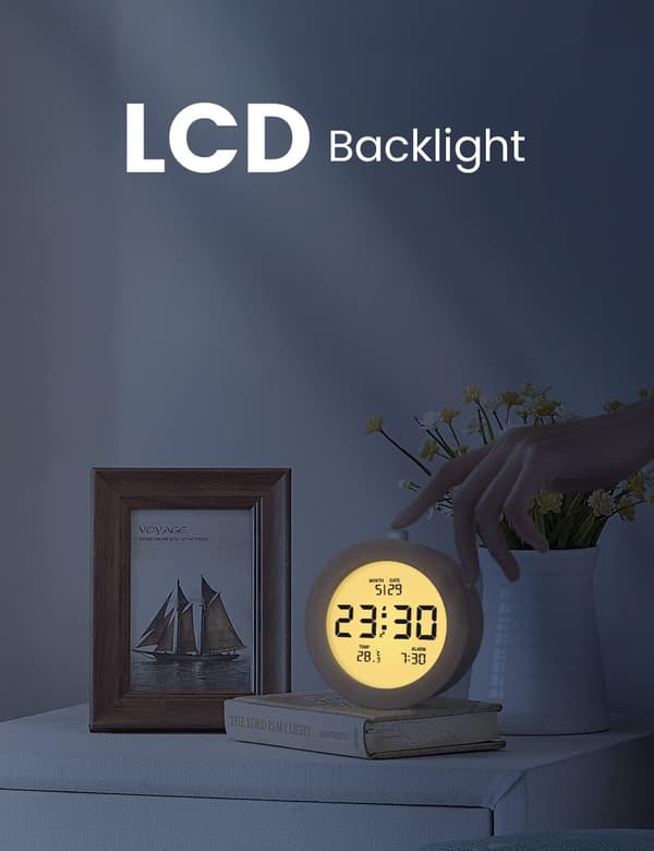 Digital Wooden Alarm Clock, Bedside Clock with LCD Backlight, Temperature Display, 3 AAA Battery Powered Clock 【Battery Not Included】