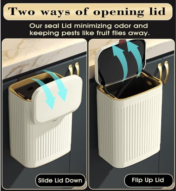 Hanging Trash Can with Lid, Stainless Steel Compost Bin, Wall Mounted, for Indoor Kitchen, Bathroom, Waste Bin (2.1 Gallon, 8 Liter, Ivory)