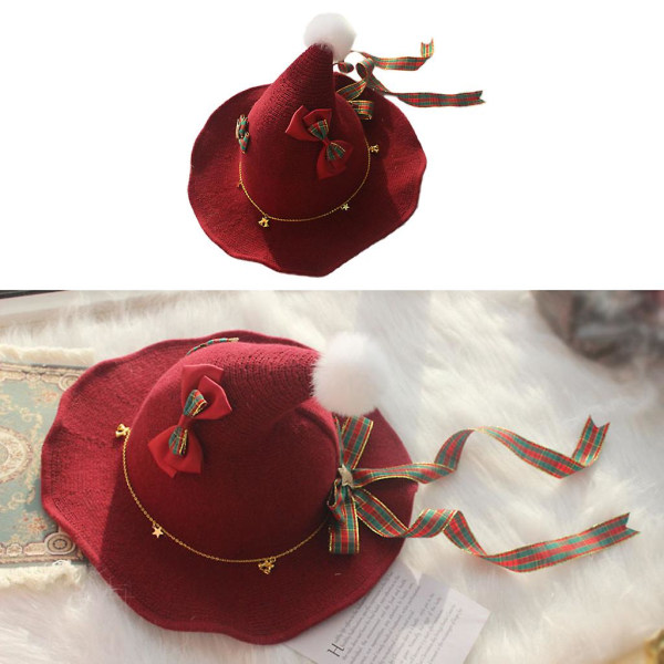 Naisten tyttöjen neulottu lolita hattu tekopom pom pitsi rusetti nauha lämmin neulottu hattu leveälierinen joulujuhlien koristelu