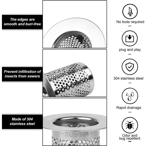 Ammealtaan viemärifiltteri, 5 cm ruostumattomasta teräksestä valmistettu suihkun hiussuodatin - Keittiöaltaan tulppa, viemärifiltteriverkko - kylpyhuoneeseen, parvekkeelle (65x50x3