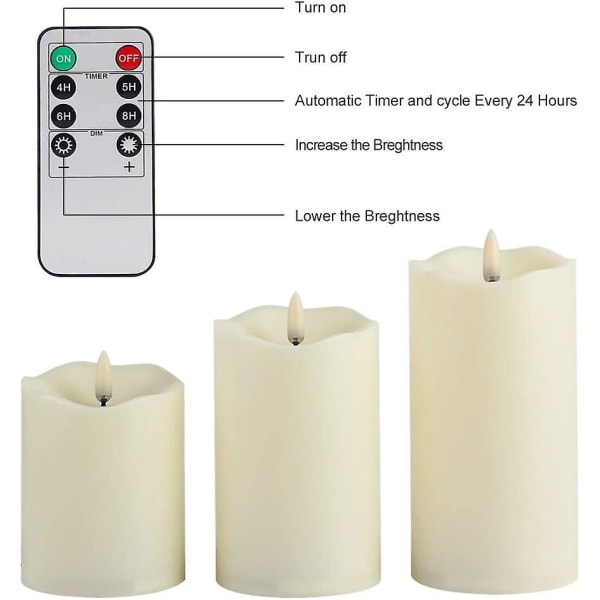 Batteridrivna LED-ljus utan låga, 4\", 5\", 6\", med äkta veke, 3D-flimmerande dansande låga, set om 3 med fjärrkontroll, 4/5/6/8 timmars timer