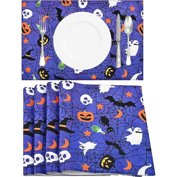 4 st Halloween bordstabletter, Spider Web bordstabletter Set med 4, halksäkra värmebeständiga Pumpkin Ghost Skull Bordsunderlägg, Hallow