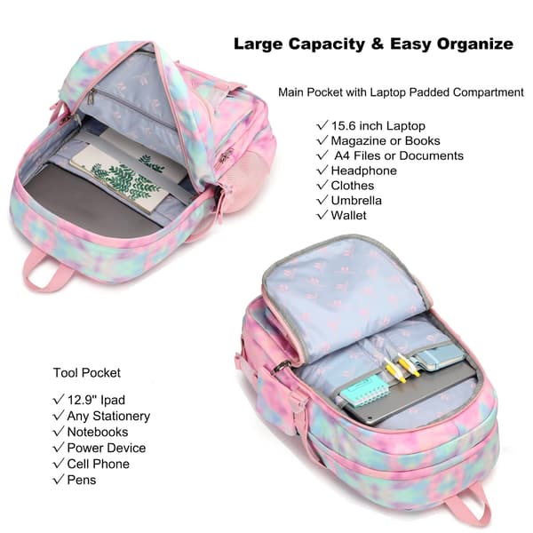Women's Large Capacity Backpack Shoulder Bag Student Computer Bag - Illusion Pink (with Pink Fur Ball)