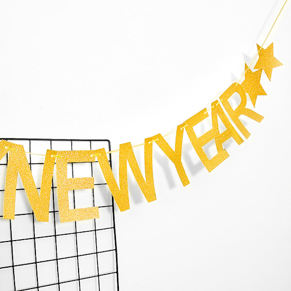 Kulta Happy New Year -banneri kodin takan koristeluun, 2025 happy new year teemajuhliin