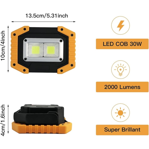 30W 1500lm Oppladbart LED-flomlys Arbeidslys for byggeplasser med 2x COB Bærbar USB LED-spotlight for camping, 3 moduser, batteri inneholder (1 stk