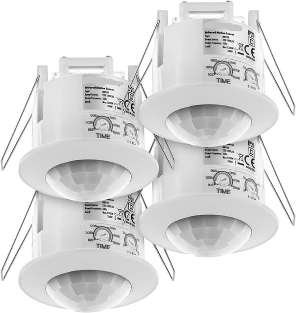 4x Infrared Motion Detector for Ceiling Mounting Indoor Lighting 360 Degree Working Area 6 m Built-in Light Sensor White